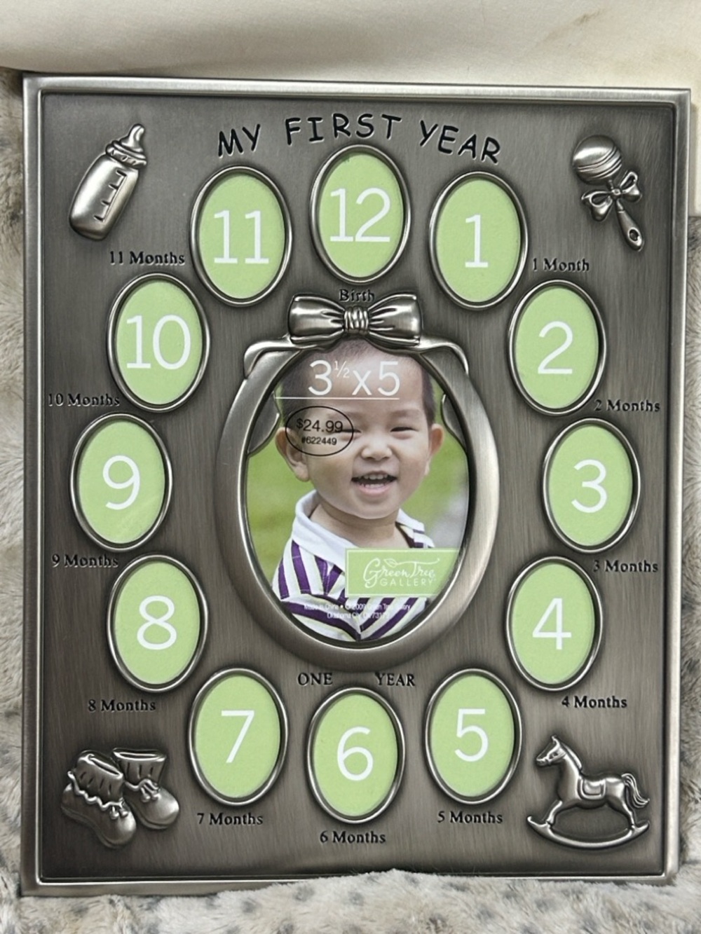 Photo Frame Baby’s First Year Pewter Silver NWT Stand Hanging 9x11 Green Tree